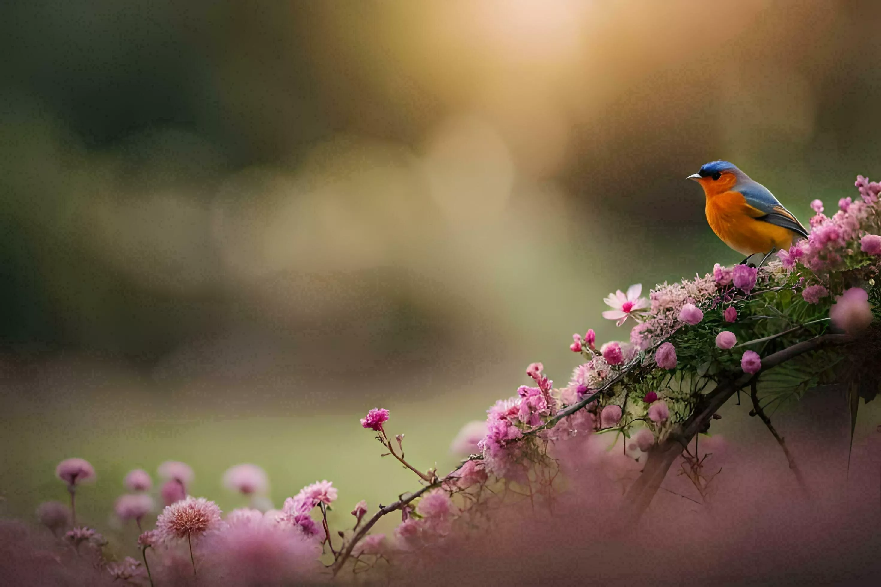 photo wallpaper the sun, flowers, bird