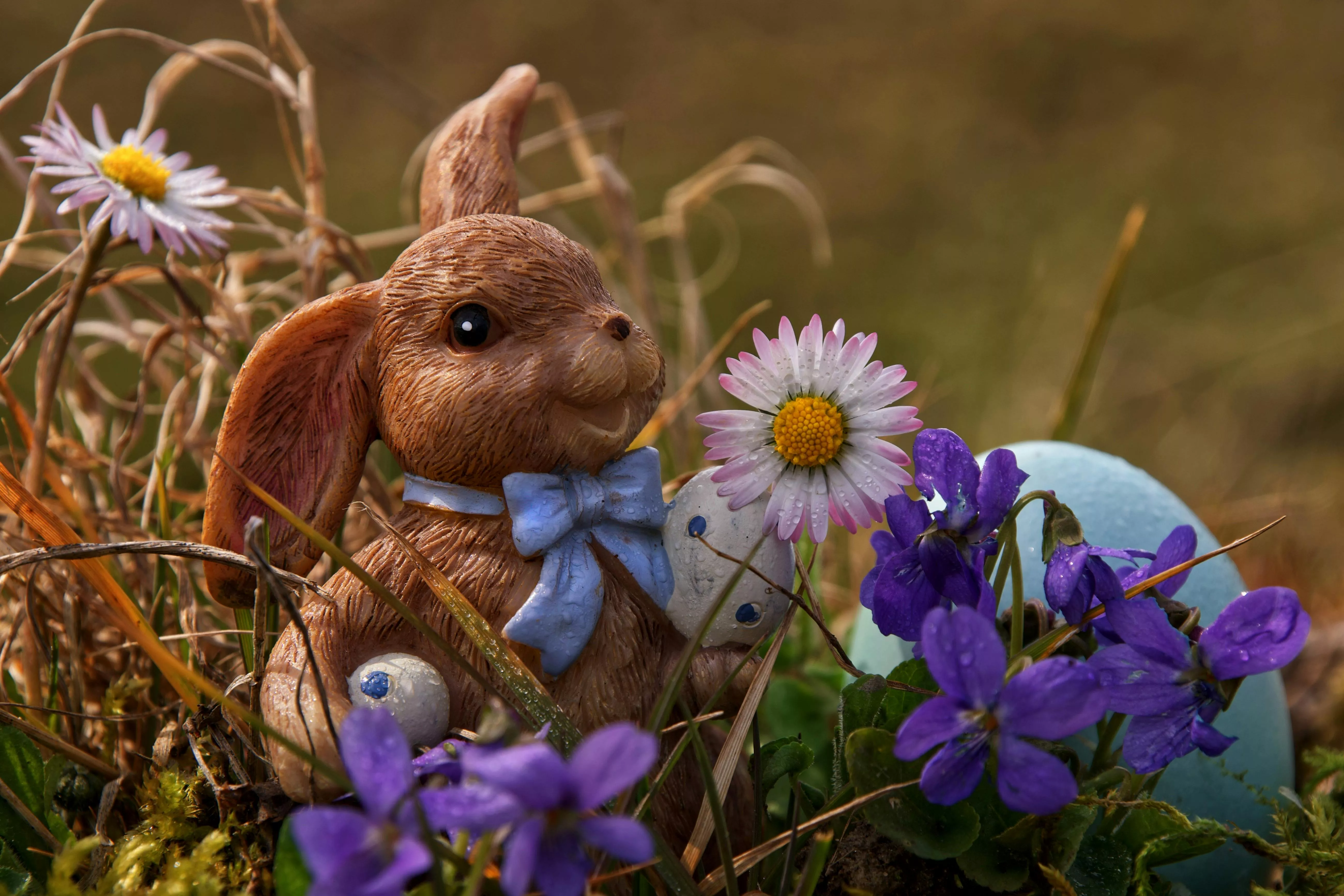 Easter Bunny and Flowers Beside Brown
