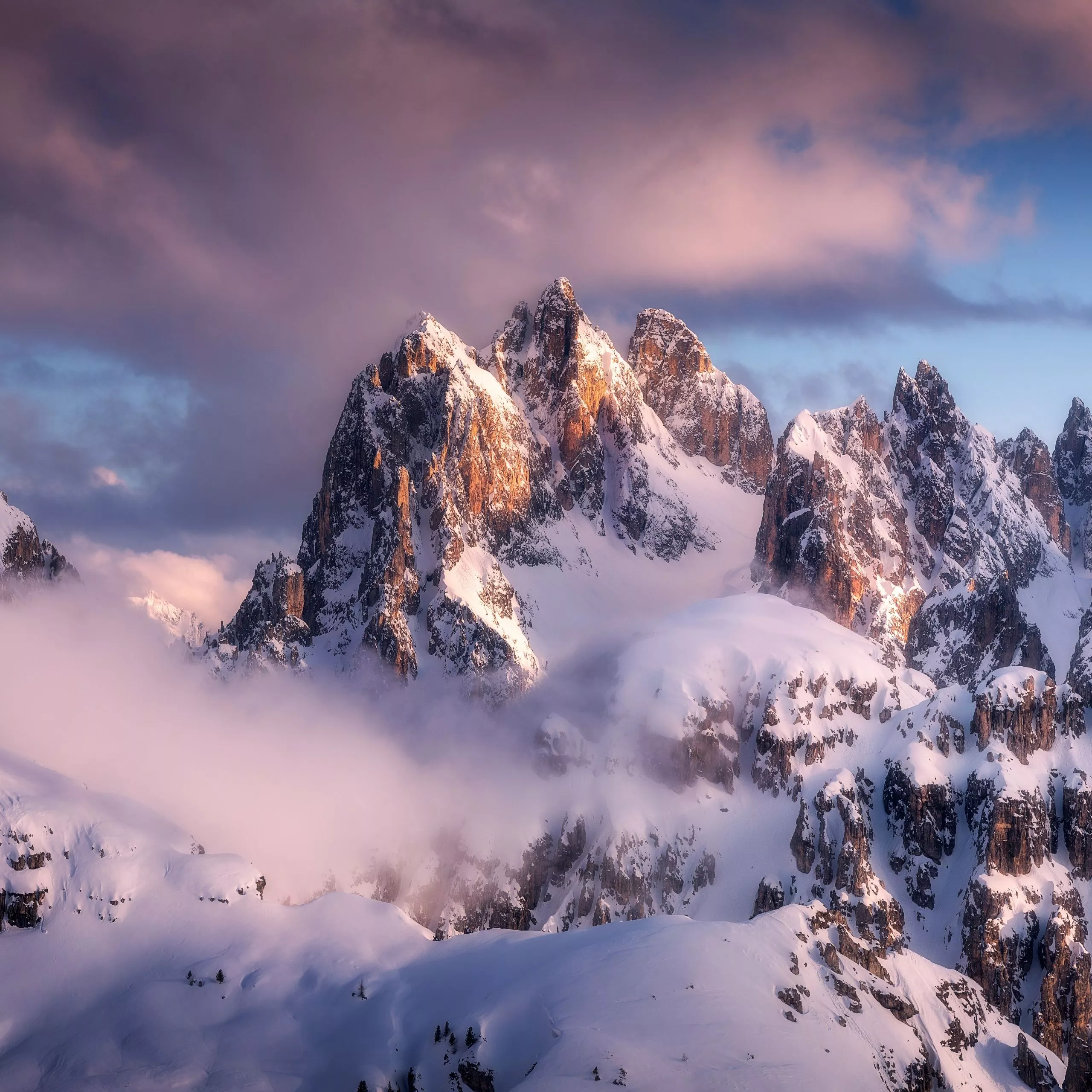 Mountain Peak Wallpaper 4K, Snow, Winter, Clouds, 5K, 8K