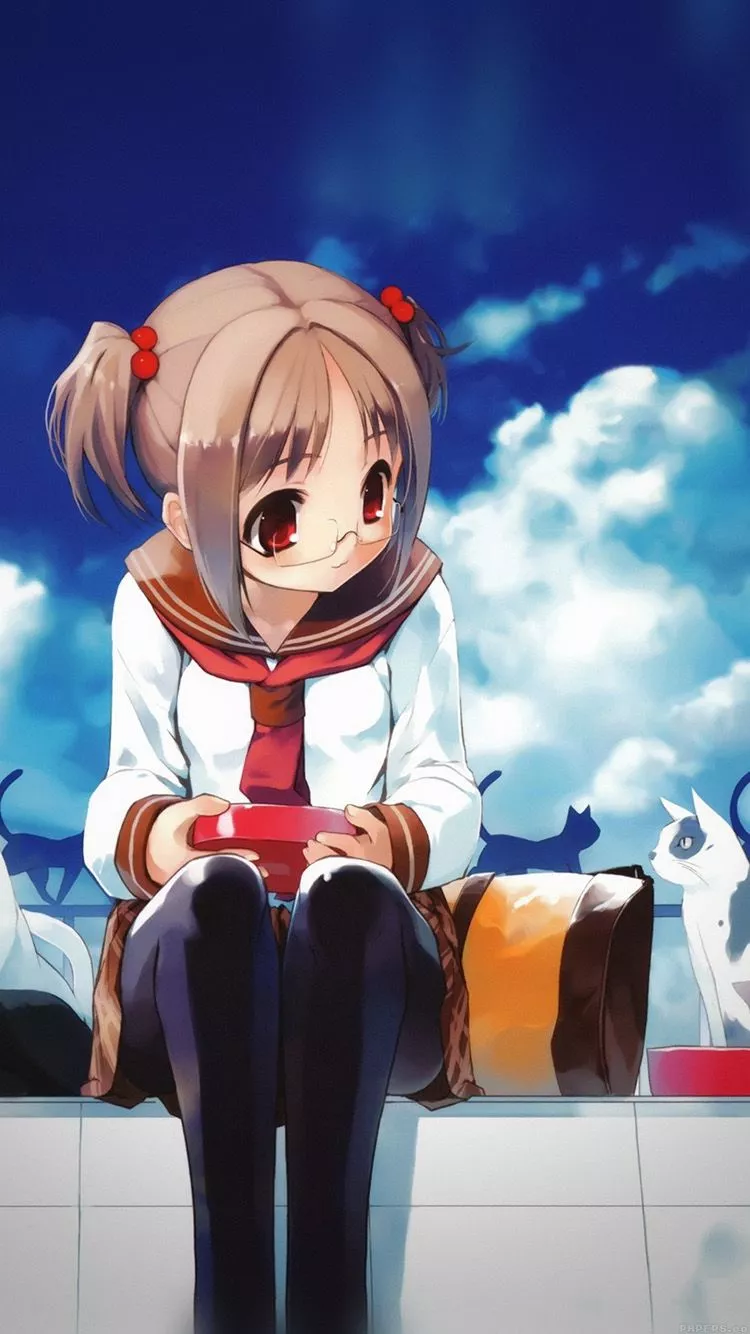 Girl And Cat Anime Illust Art Blue