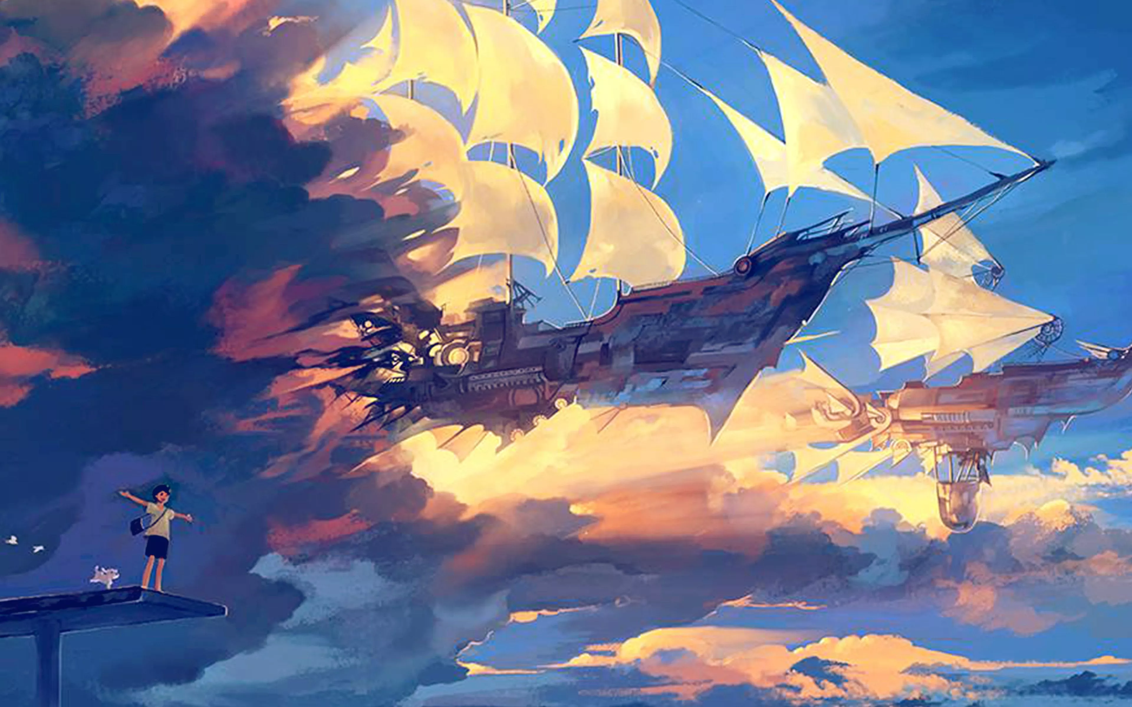 Fly Ship Anime Illustration Art Blue