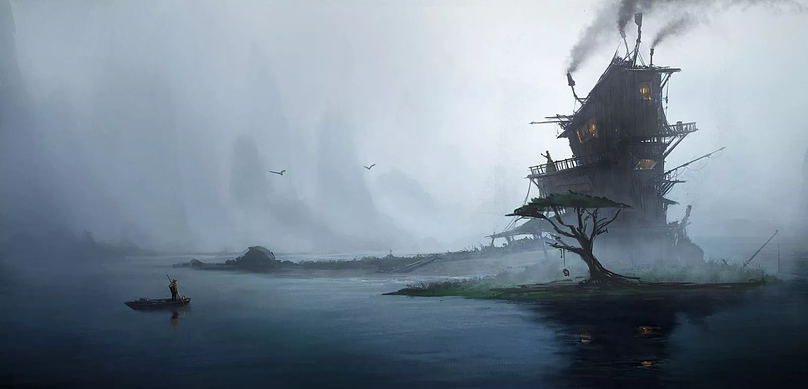 Lonely Men In Boat Fantasy House