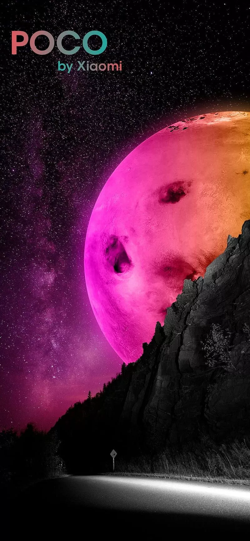 Poco, sky, xiaomi, moon, mountain, road