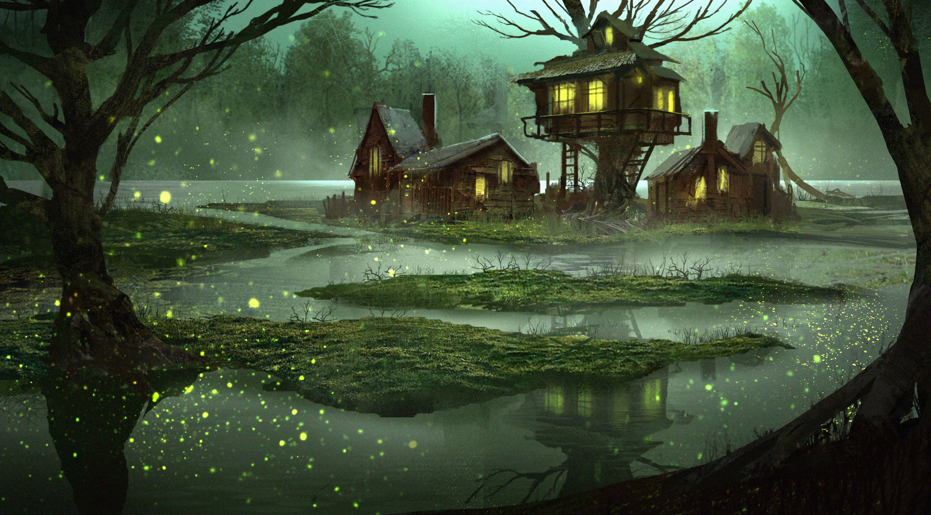 Wallpaper forest, water, house, fantasy