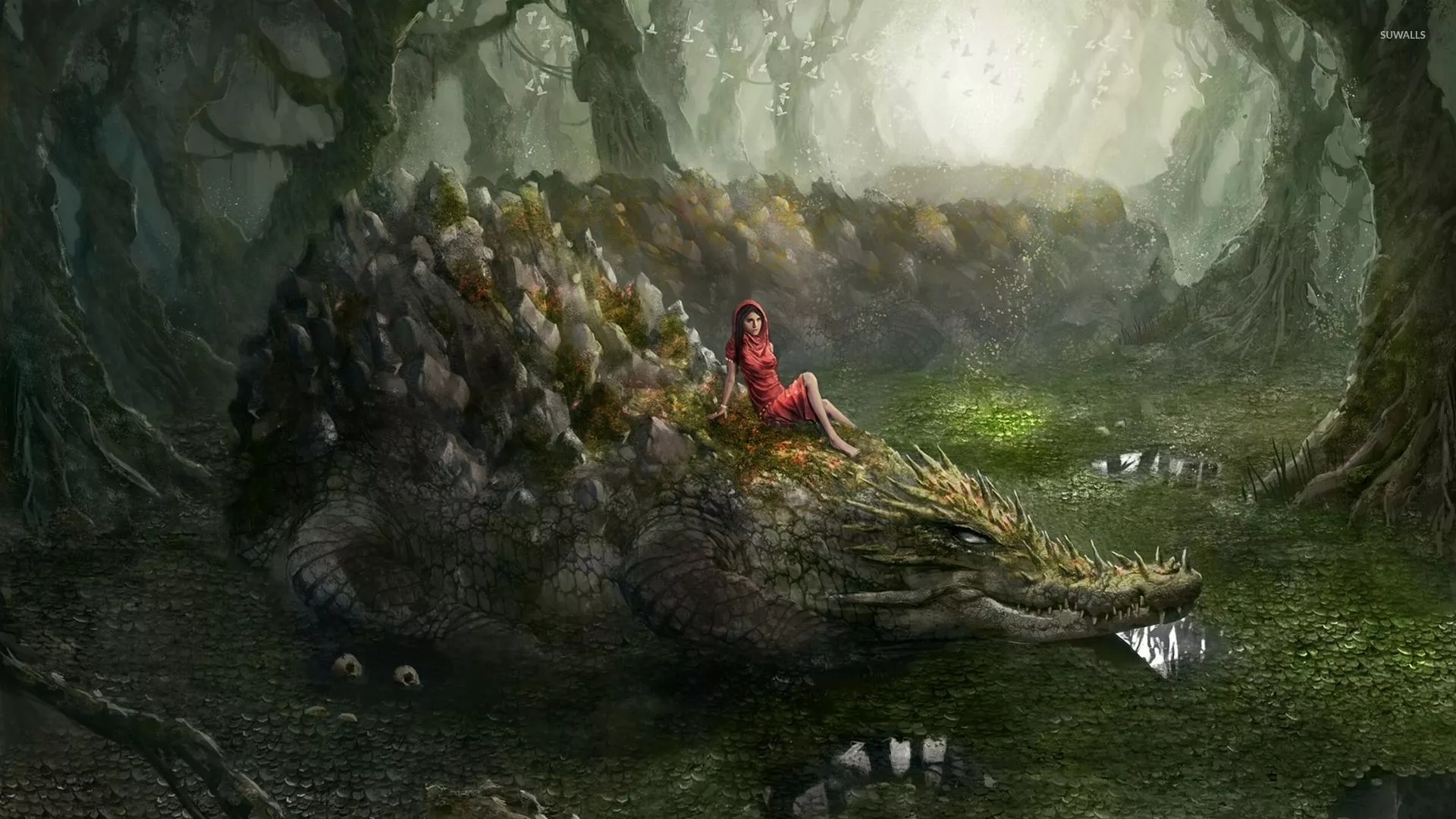 Woman on a swamp crocodile wallpaper