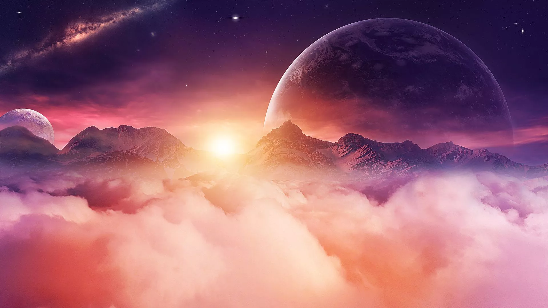 Cloud Galaxy Moon Mountain Planet Sky Sunbeam Sunset HD Galaxy Wallpaper