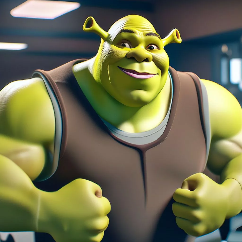 gym, lifts a barbell, pumped up Shrek, gym