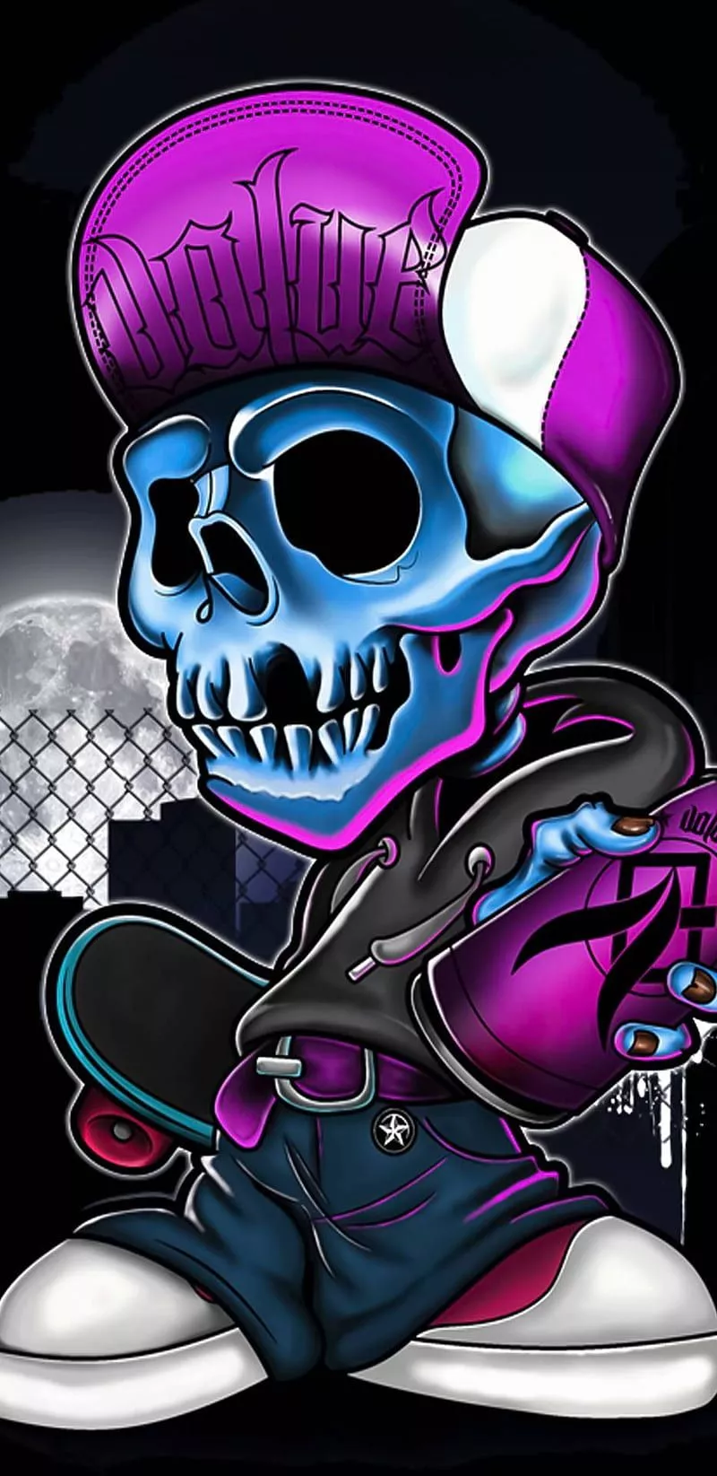 Neon skull head, bones, cartoon, HD