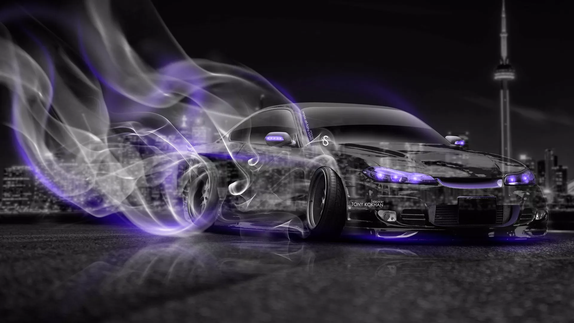 Wallpaper car, purple, night, city, the city, style, smoke, neon for mobile and desktop, section nissan, resolution 1920x1080