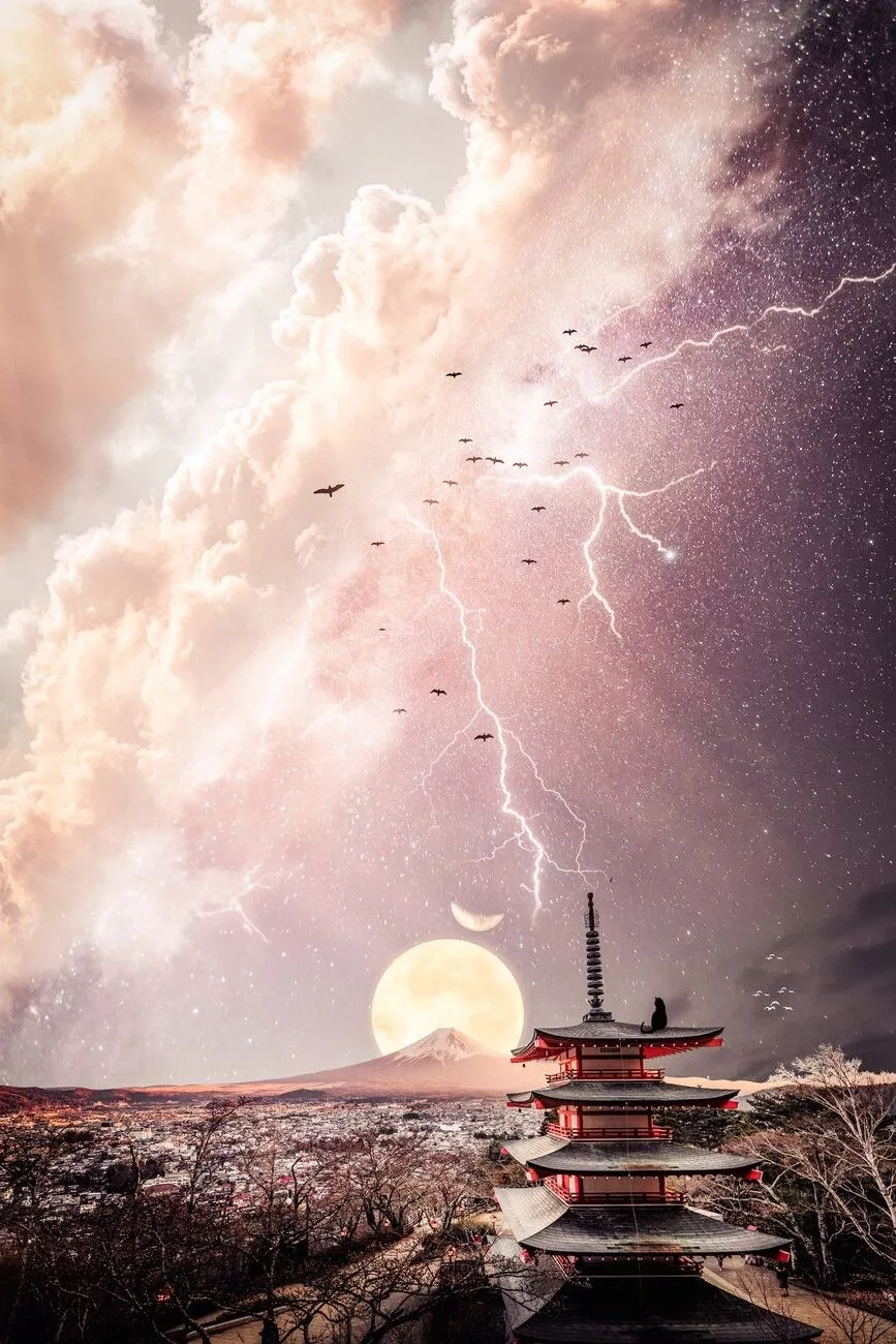 Japanese temple in front of Mount Fuji