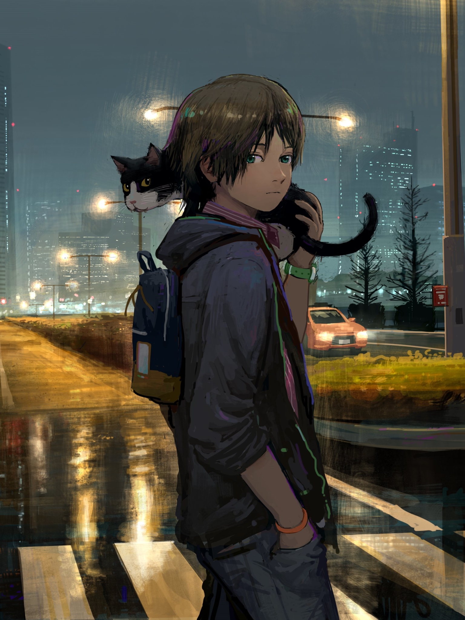 Anime Boy with Cat at Night
