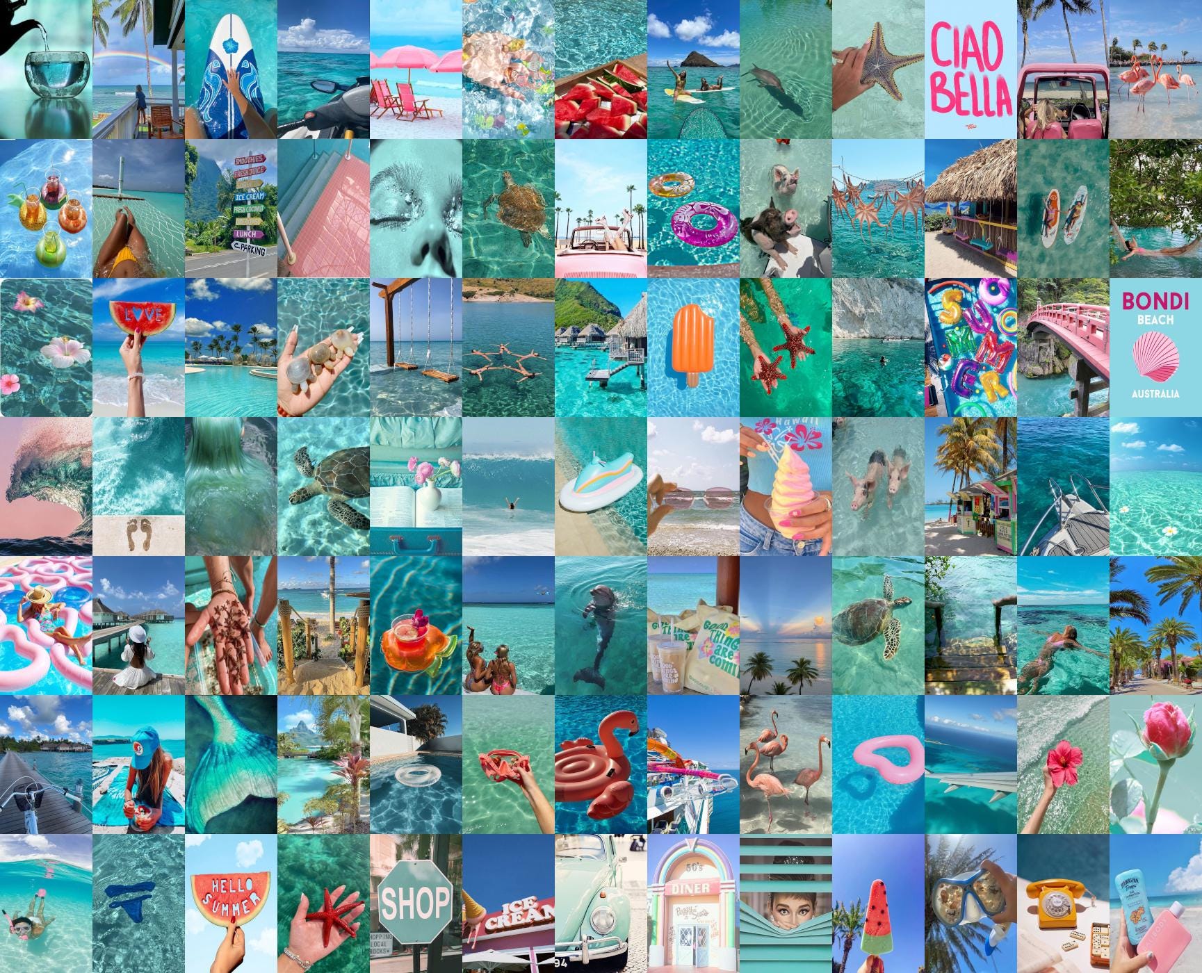 Turquoise Wall Collage Kit. Blue Aesthetic Photo Collage Prints. Pink and Blue Summer Wall Collage. Beachy Photo Collage