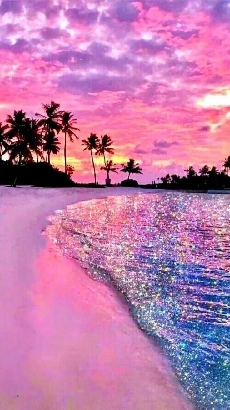 Pink and Blue Beach with Palm Trees