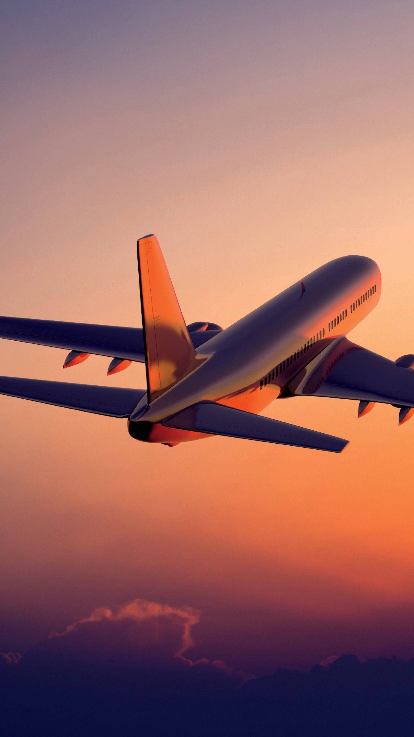 Sunset With Ascending White Airplane