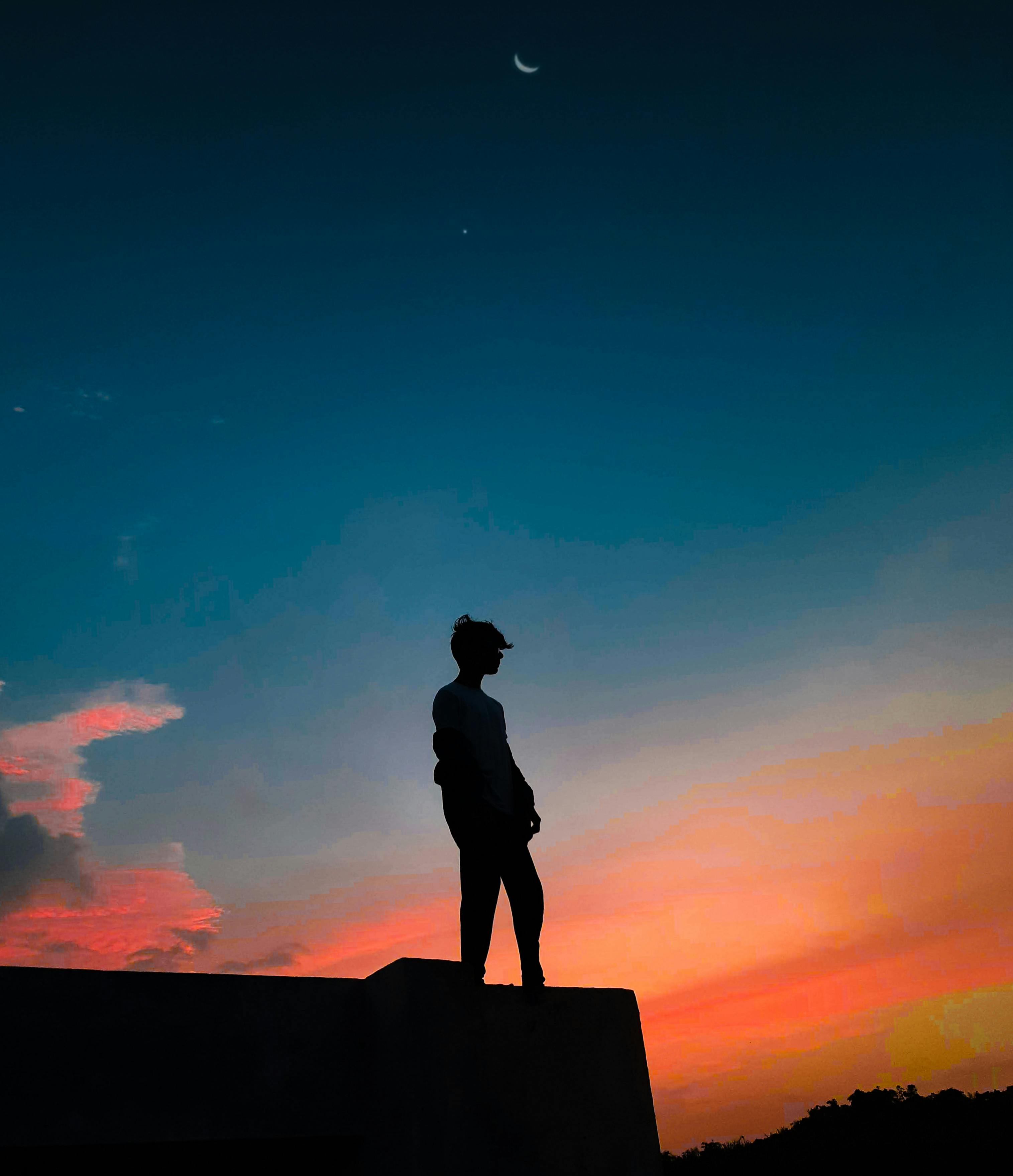 Silhouette of a Man Standing Under a Beautiful Sky · Free