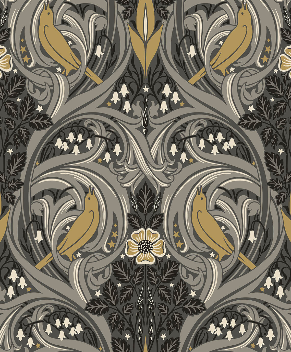 Charcoal & Goldenrod Bird Scroll Wallpaper, ET12208