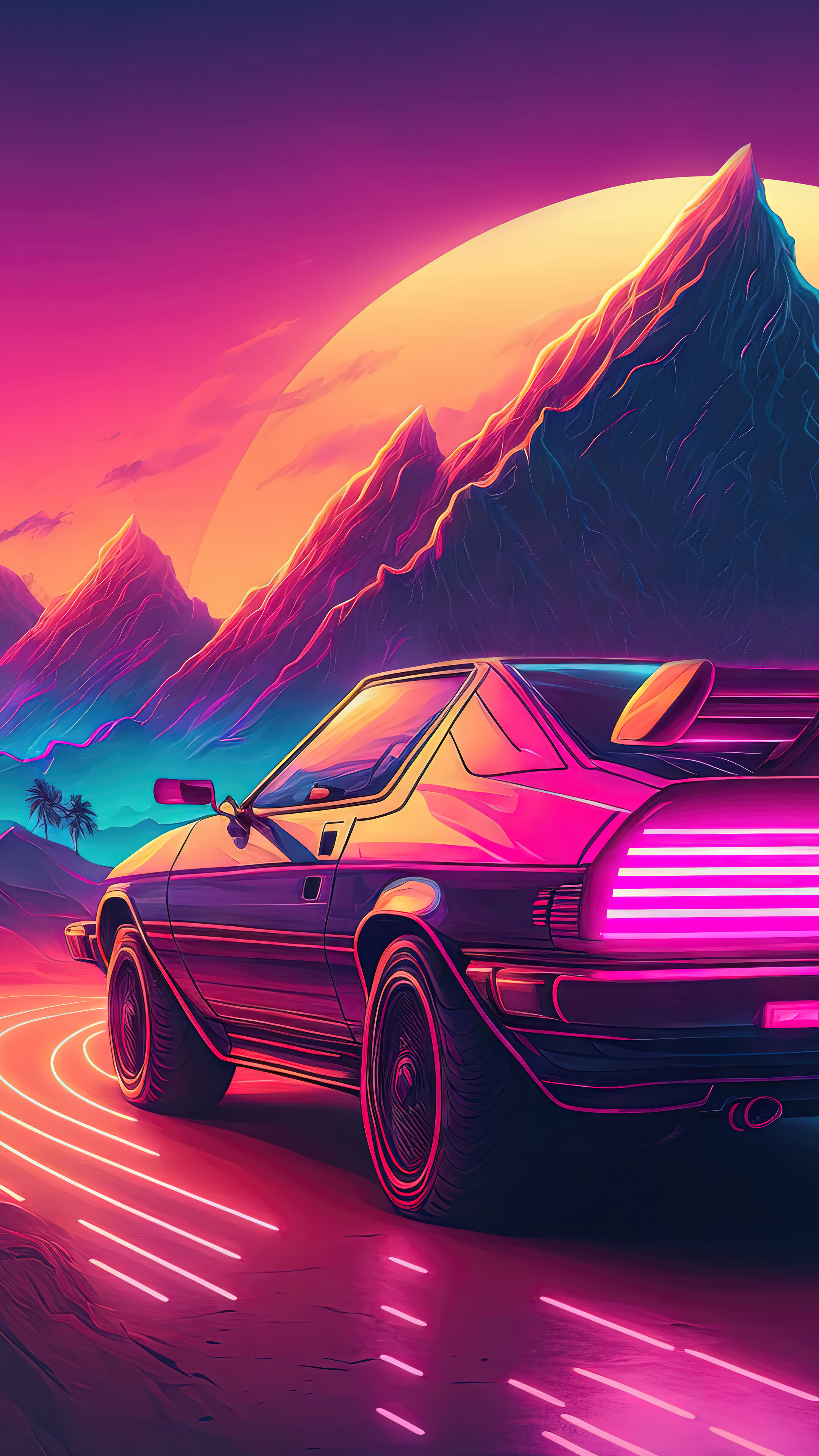 Car Outrun Neon Mountain Sunset 4K