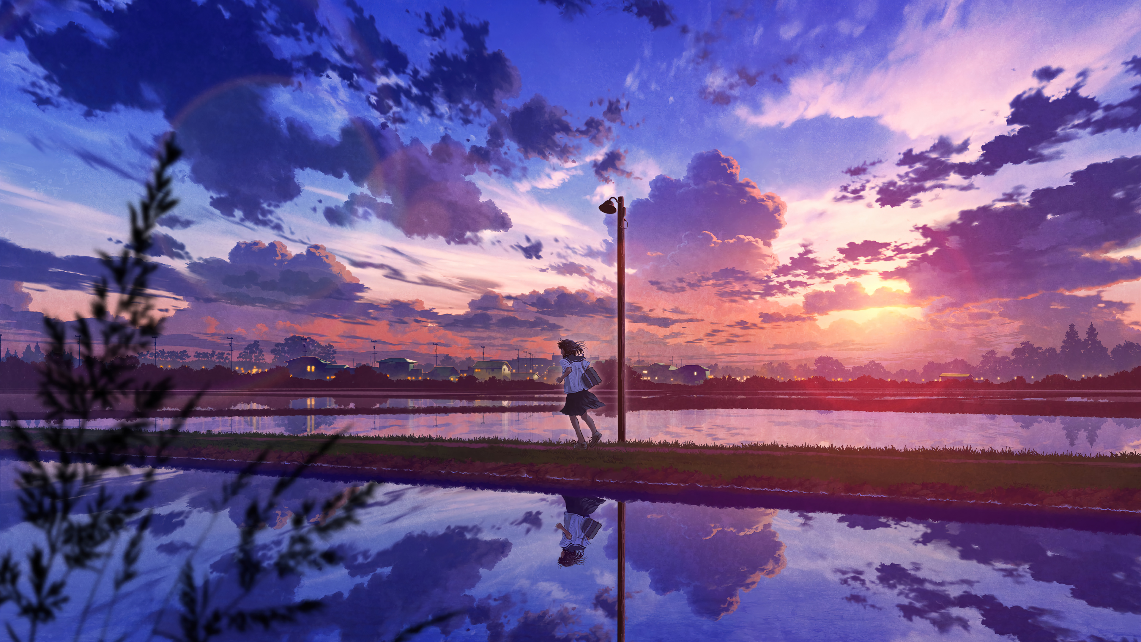 Anime Girl Student Sunrise Scenery Art