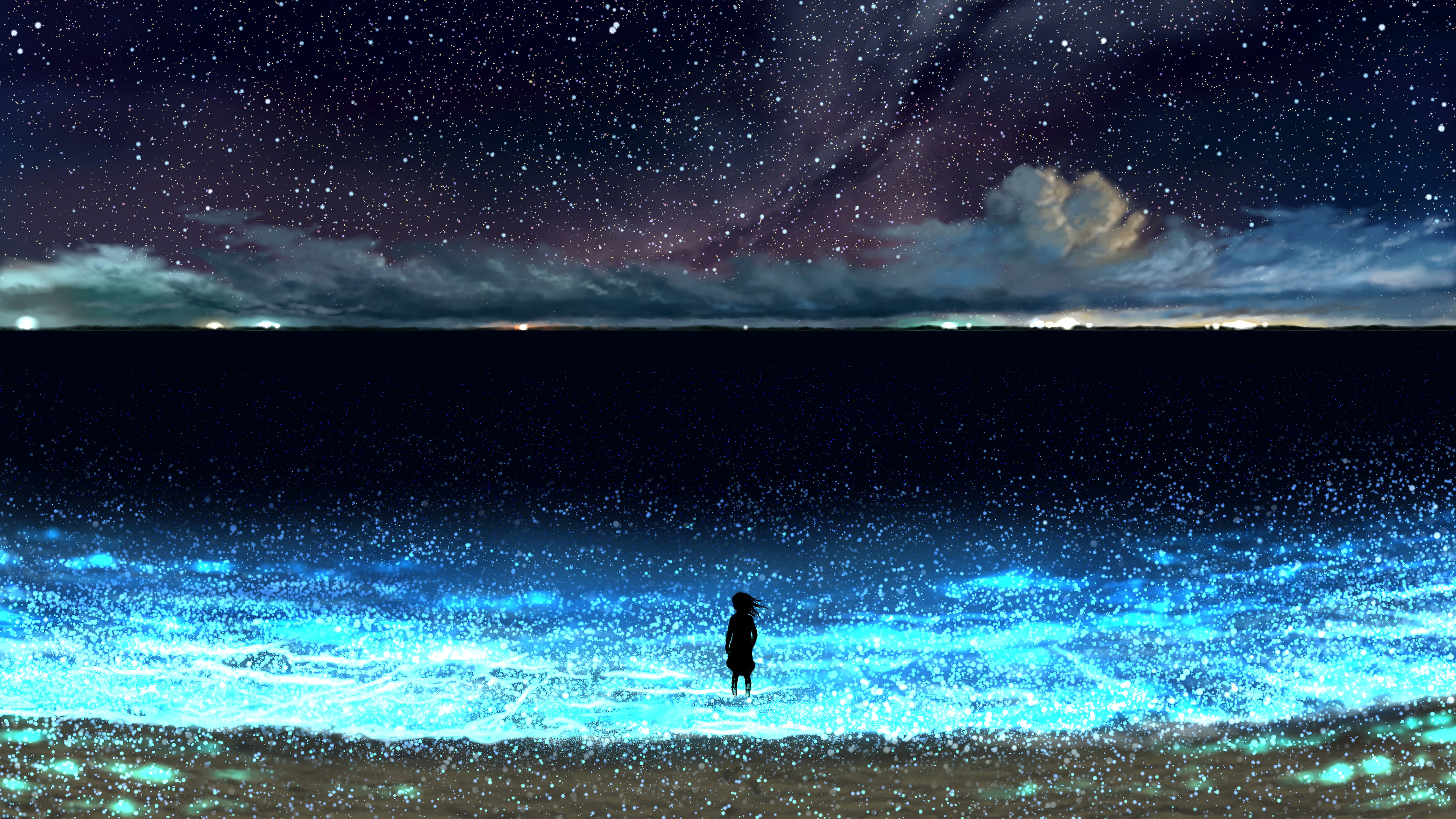 Anime Night Sky Stars Beach Scenery 4K