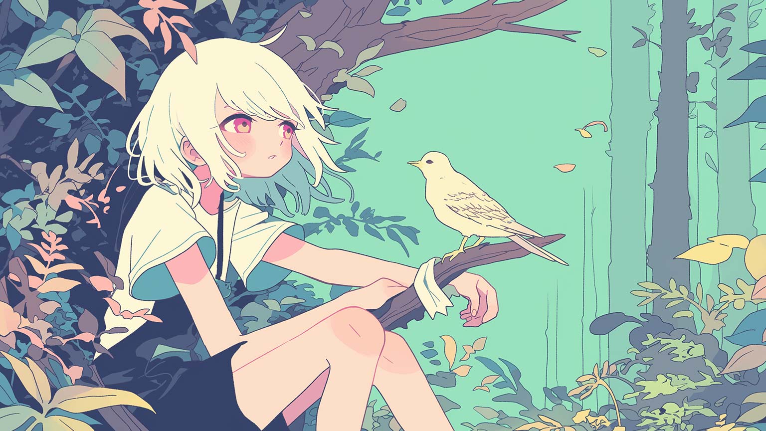 Cute Anime Girl with Bird Art Desktop