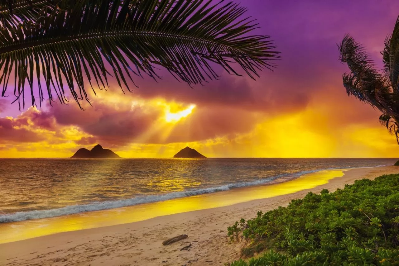 Lanakai Beach at sunrise, with the surf