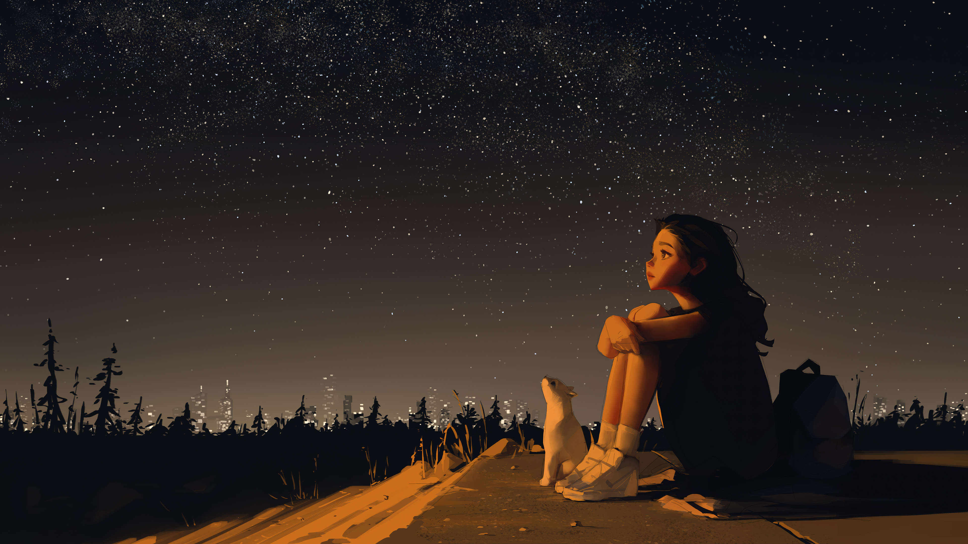 Girl Alone with Cat Night Sky Stars