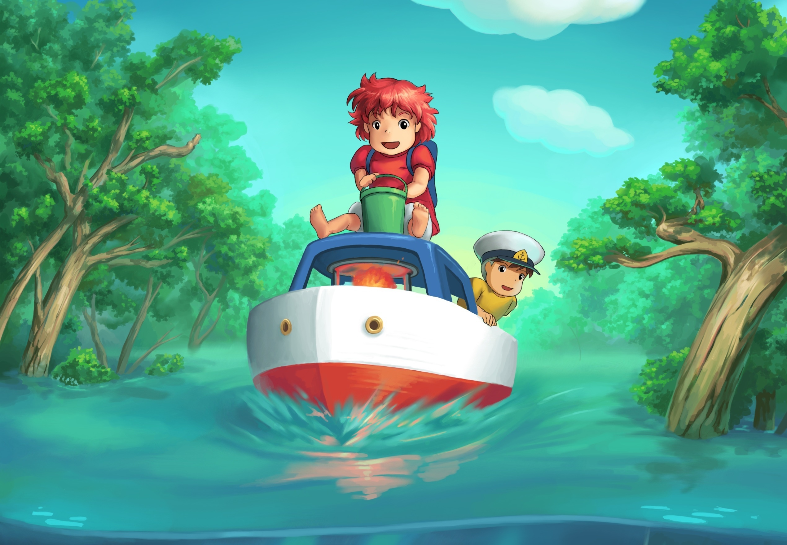 Wallpaper water, trees, ship, flood, Hayao Miyazaki, Ponyo on the Cliff by the Sea, Ponyo on the cliff, Ponyo for mobile and desktop, section аниме, resolution 2540x1760