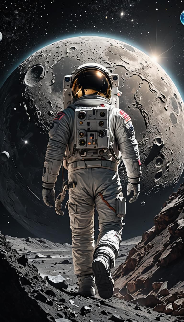 Astronaut Among Moon and Stars: 3D AMOLED Wallpape