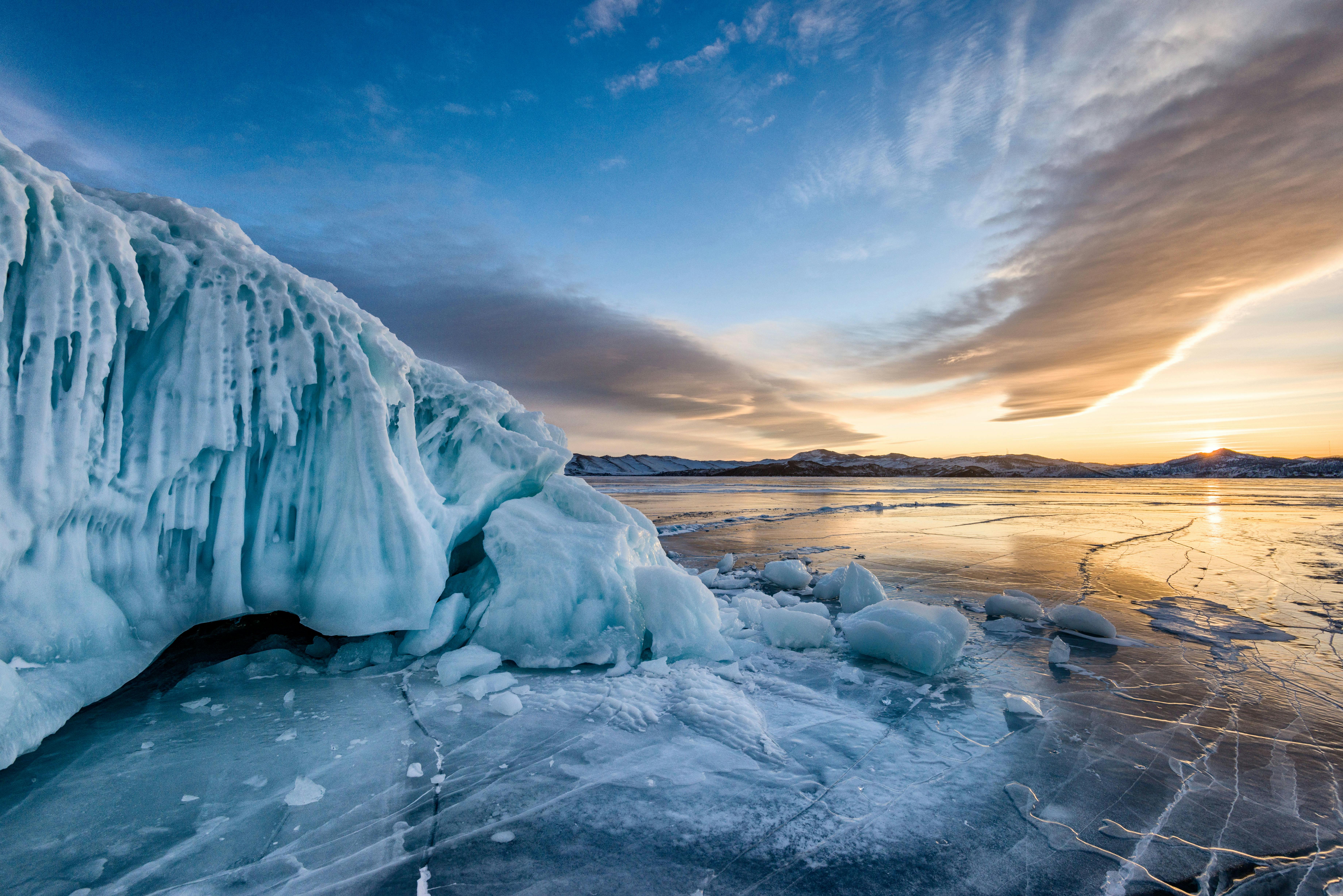 Gray Rock Formation on Frozen Lake