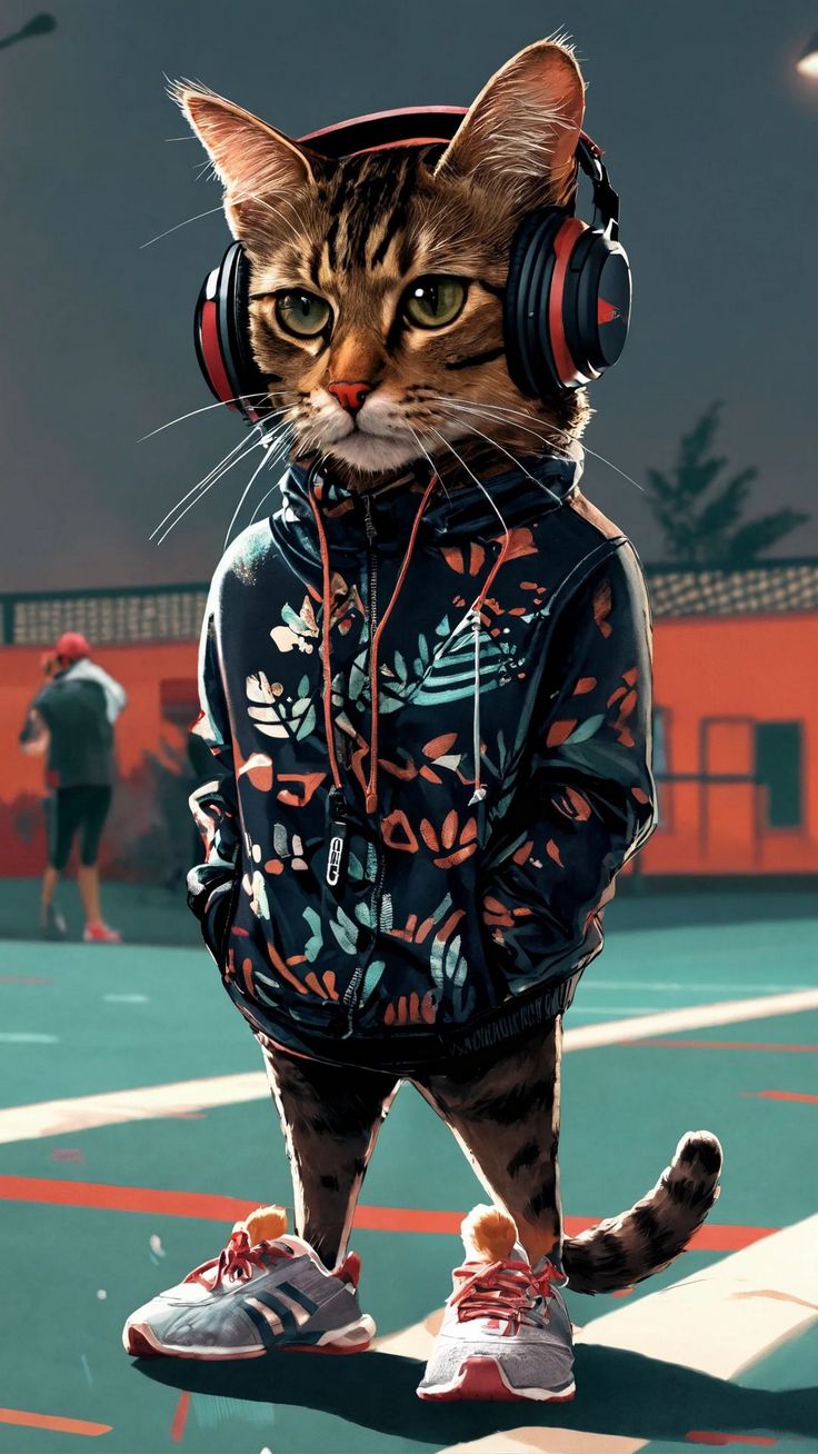 Wallpaper cat, hoodie, headphones