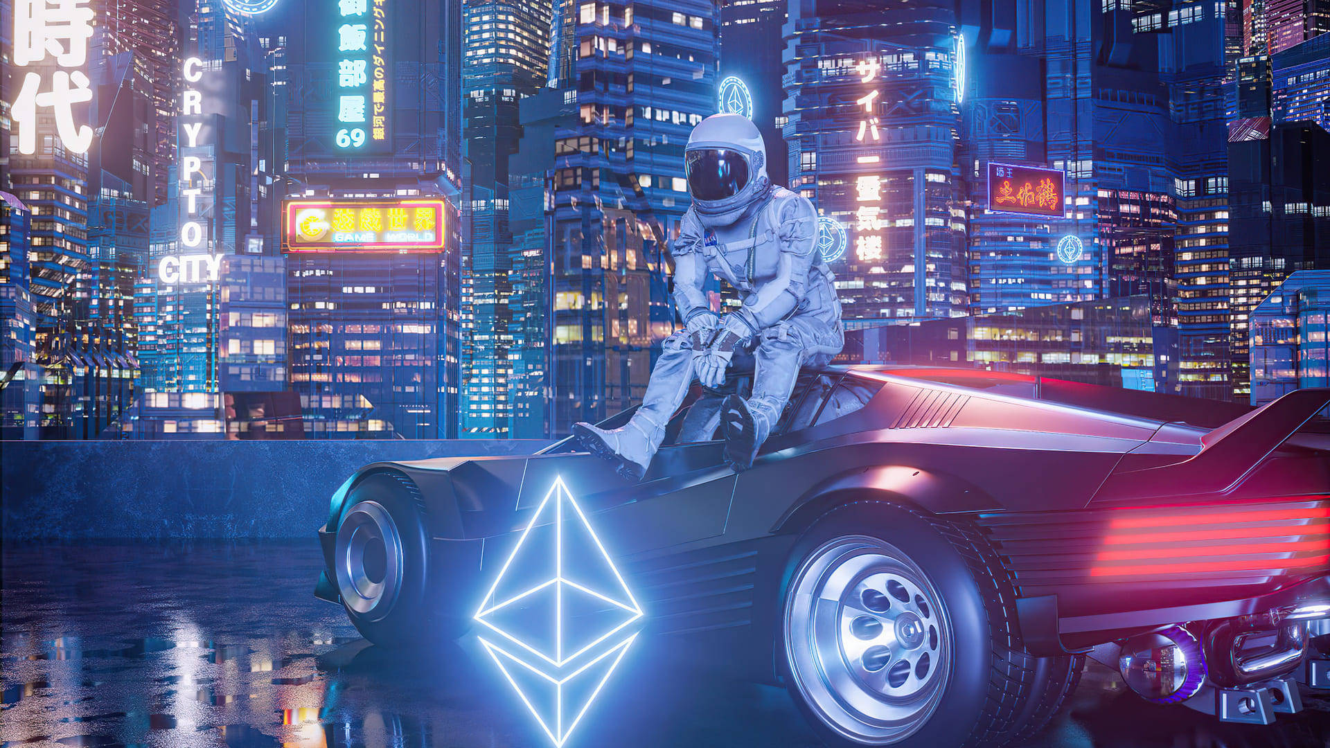 Download A Man In A Futuristic Car Sitting On Top Of A City Wallpaper