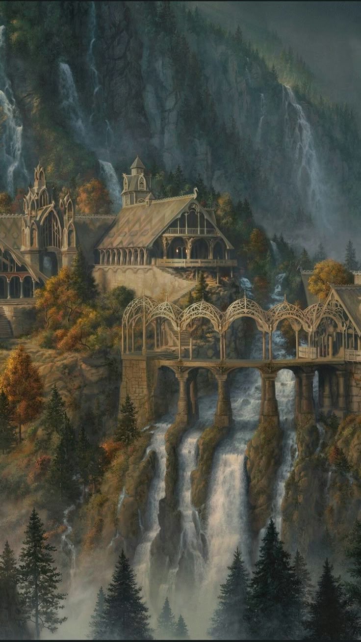 Fantasy Landscape with Bridge and Waterfall