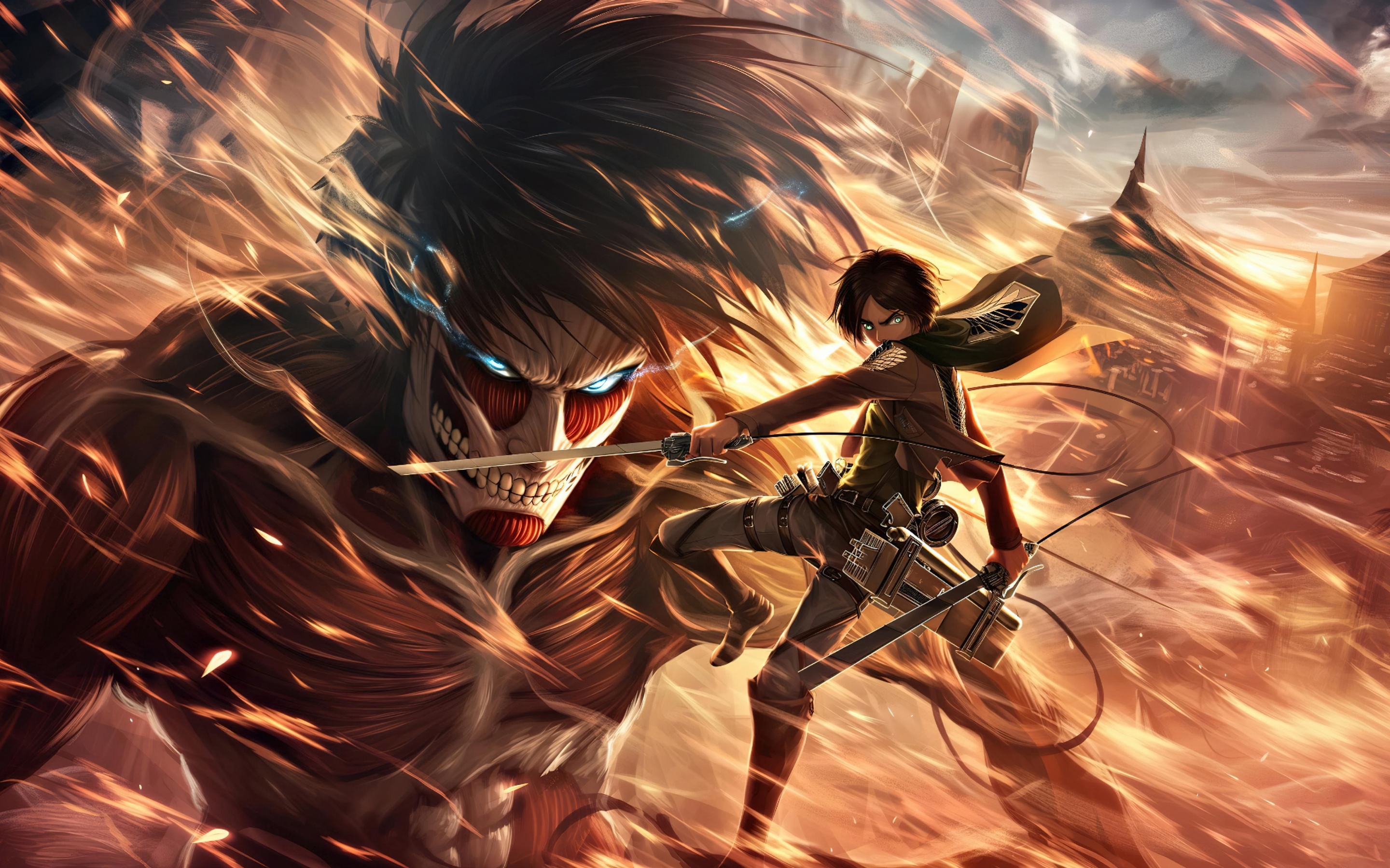 Shingeki no Kyojin Wallpaper 4K, Eren Yeager, Mikasa Ackerman, 5K