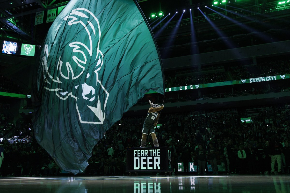 Milwaukee Bucks mascot Bango waves a