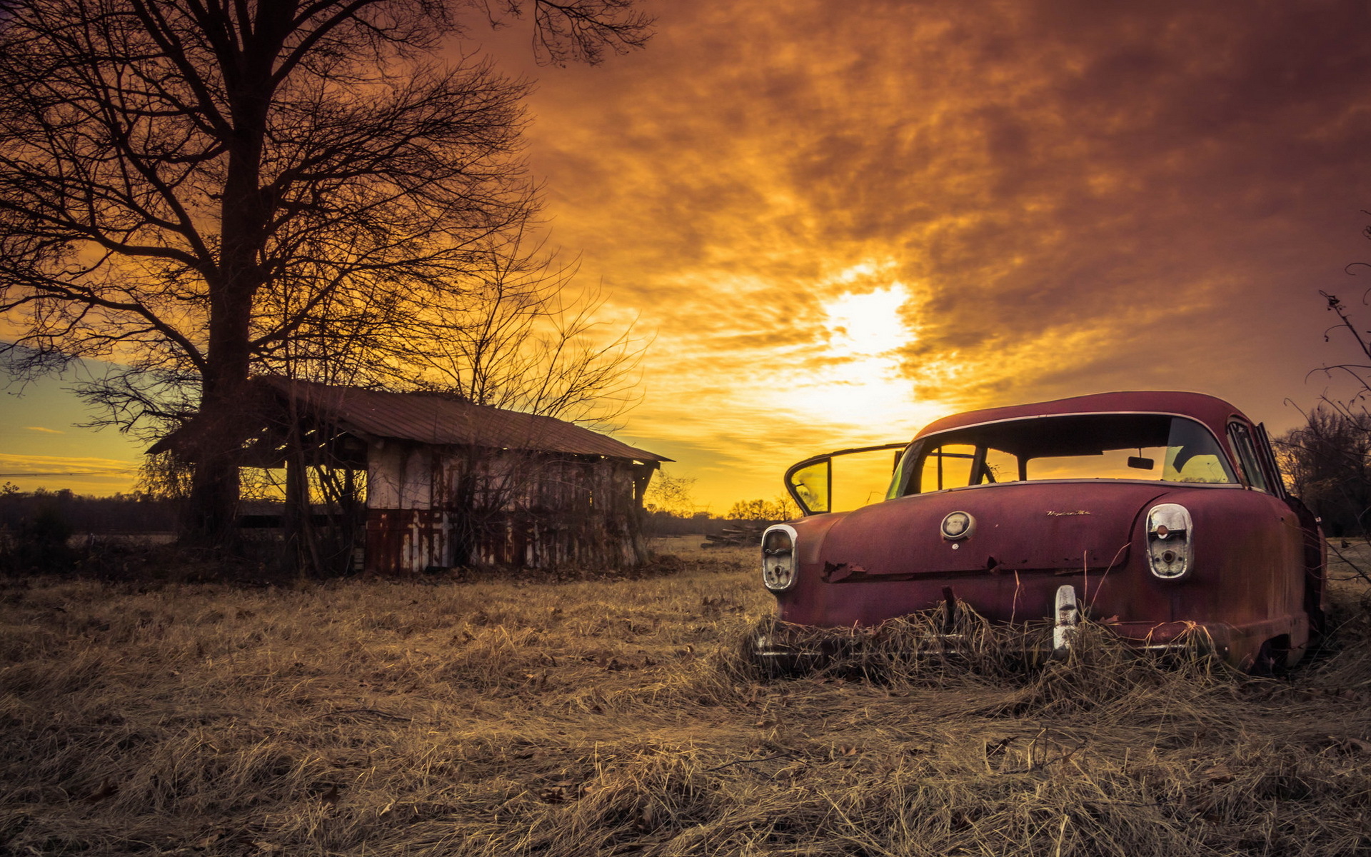 Wallpaper car, sunset, abandoned, rusty