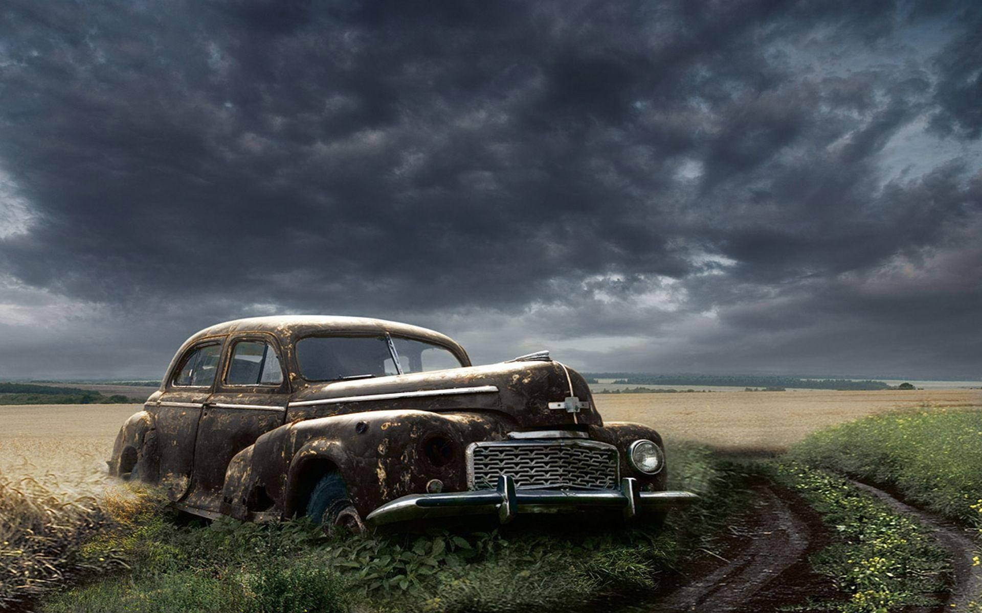 Abandoned Old Car in Field Wallpaper