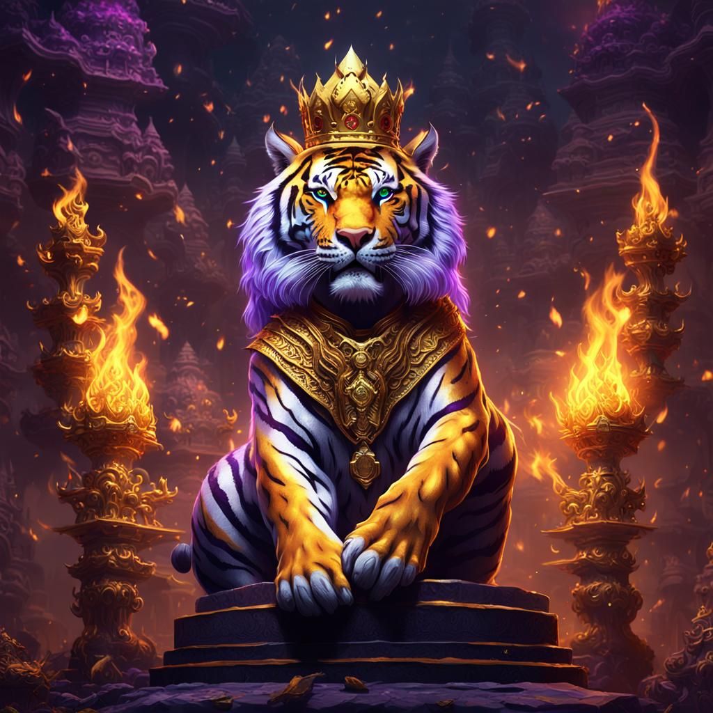 Tiger wears a gold Thai crown. Standing