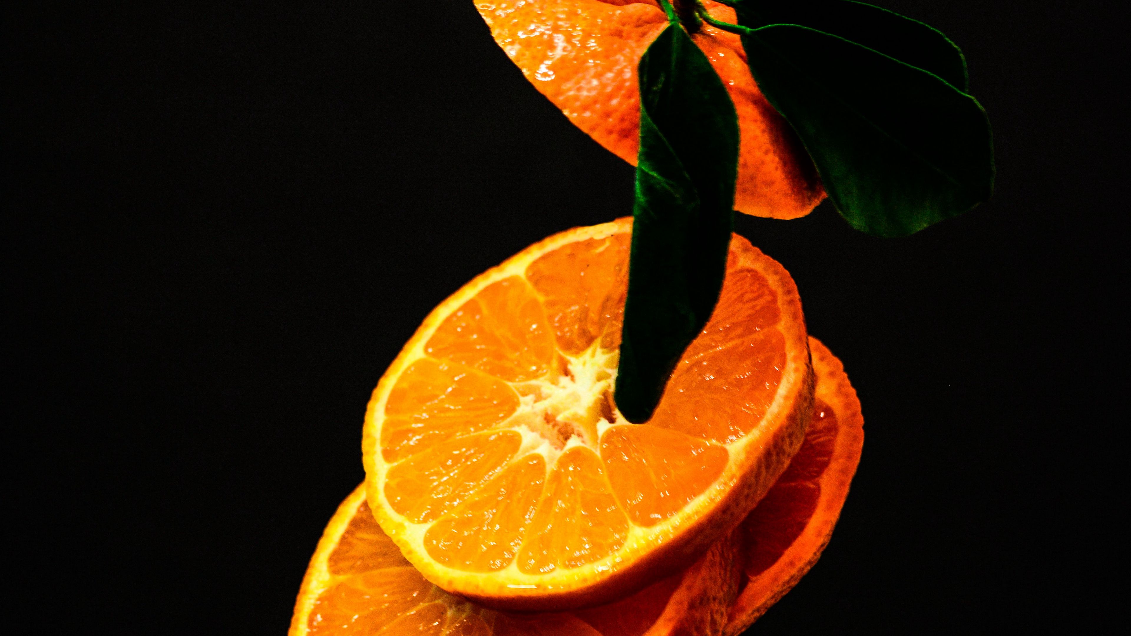 orange, slice, fruit, dark, 4k HD Wallpaper