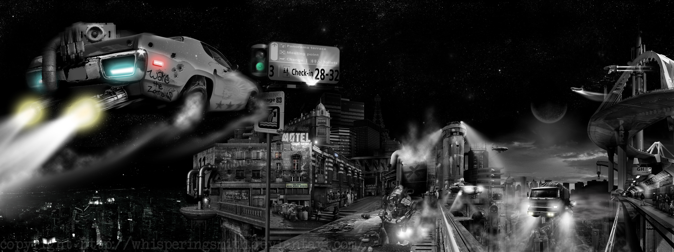 Wallpaper the city, robot, black and white, flying machines, cyberpunk for mobile and desktop, section фантастика, resolution 2835x1063