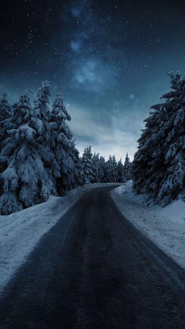 Wallpaper road, snow, winter, forest, spruces, milky way, starry sky, Nature 4K by Vitaliy Аrt. Download wallpaper road, snow, winter, forest, spruces, milky way, starry sky for free