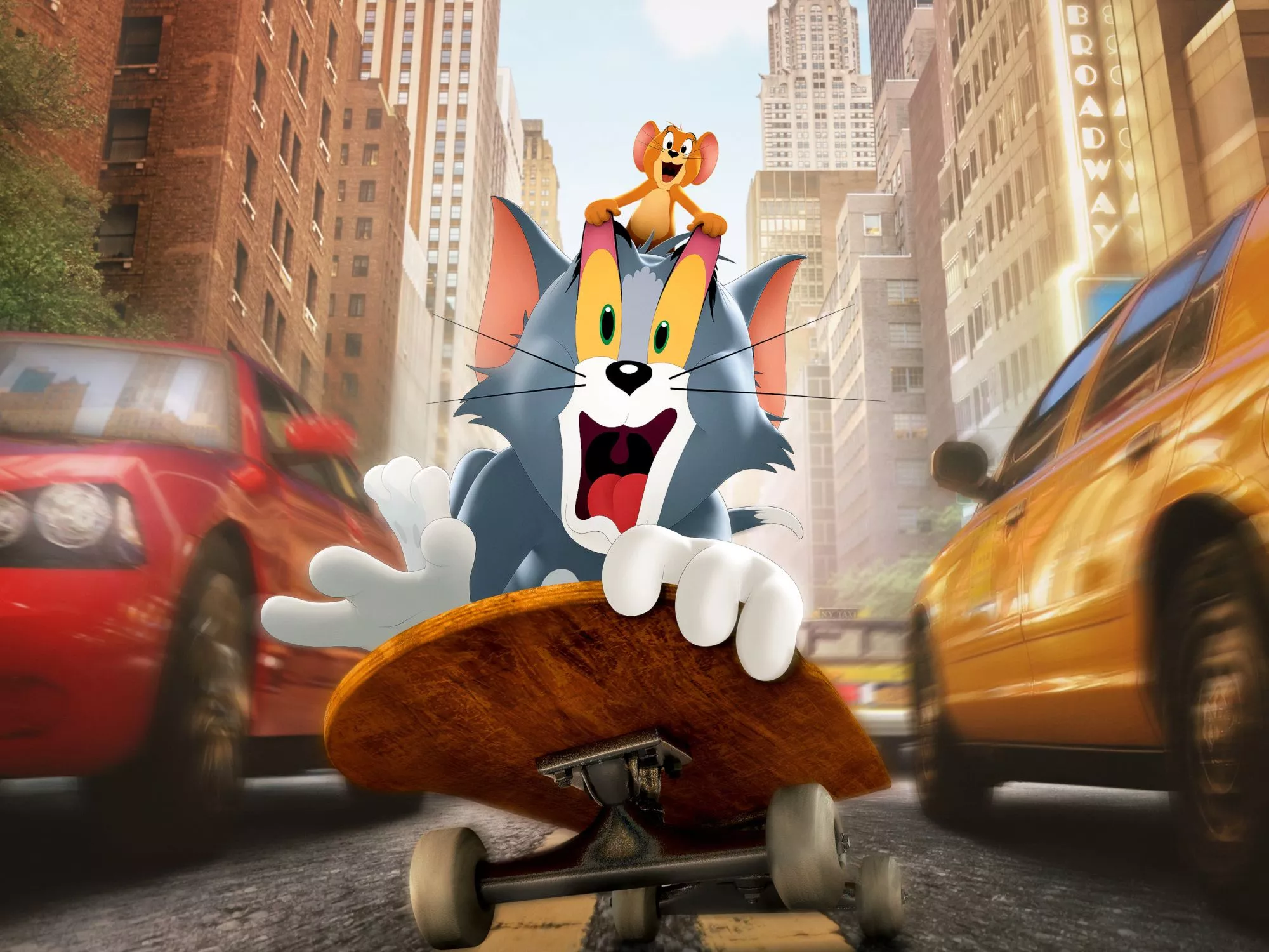 Tom and Jerry skateboarding in the city