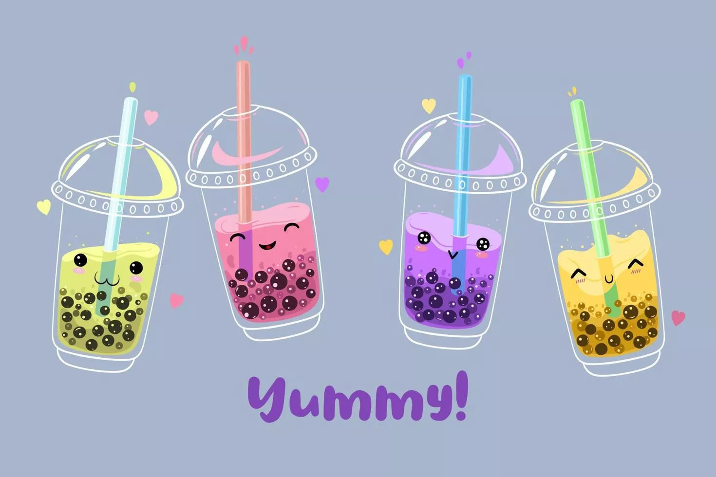 Postcard with kawaii bubble tea. Vector
