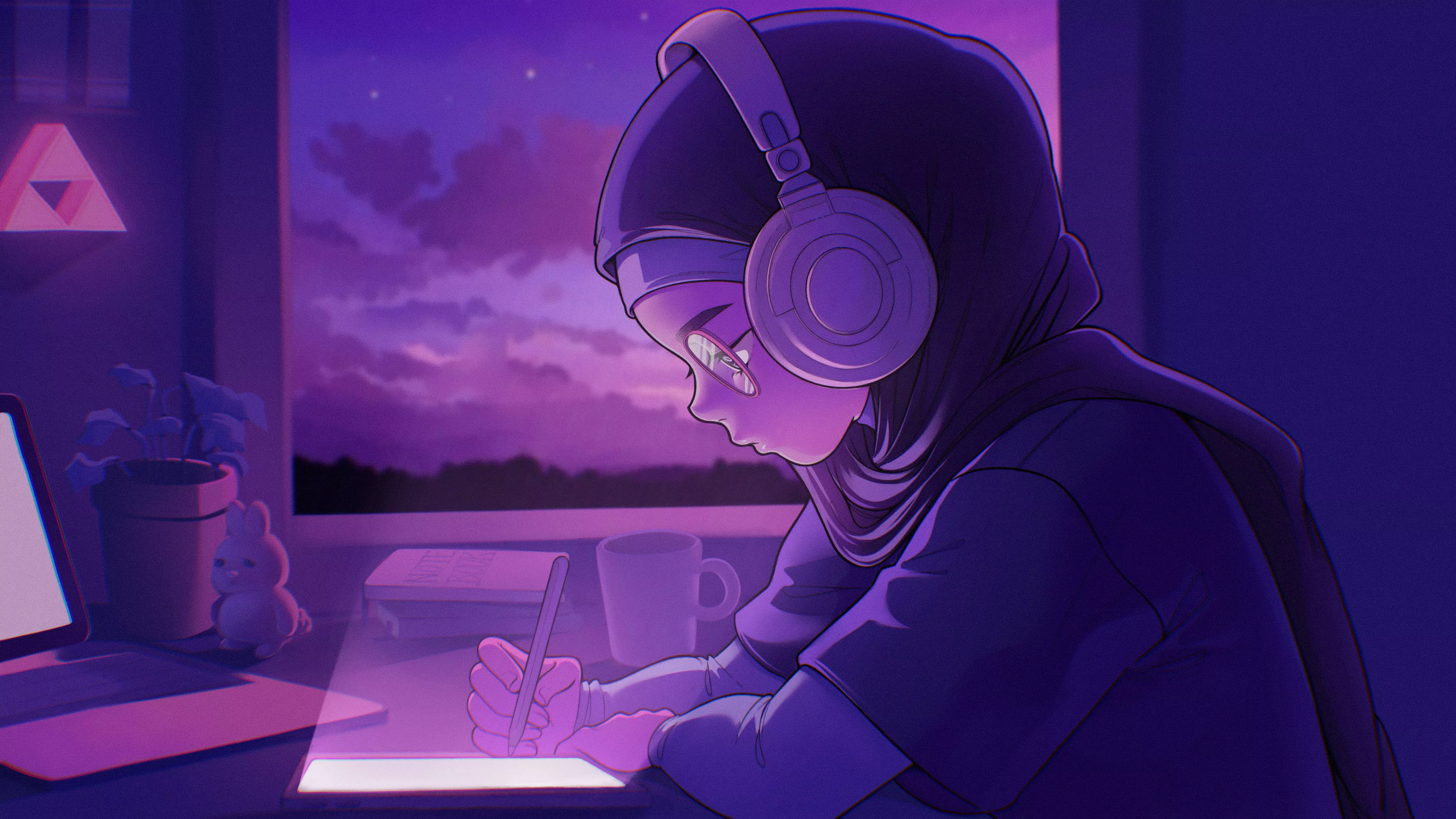 Lofi girl Wallpaper 4K, Listening music