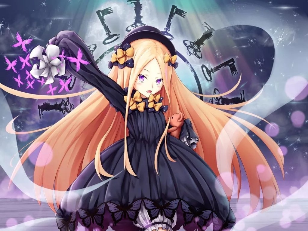 Anime girl with pink hair in a purple