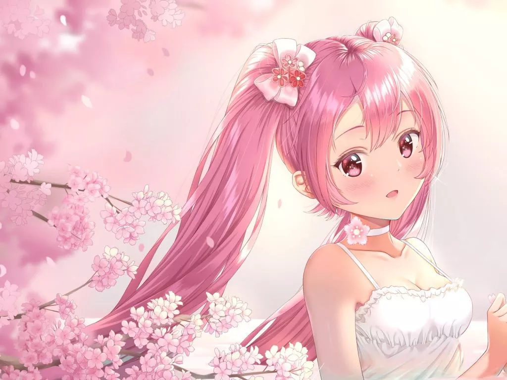 Anime girl with pink hair in a white