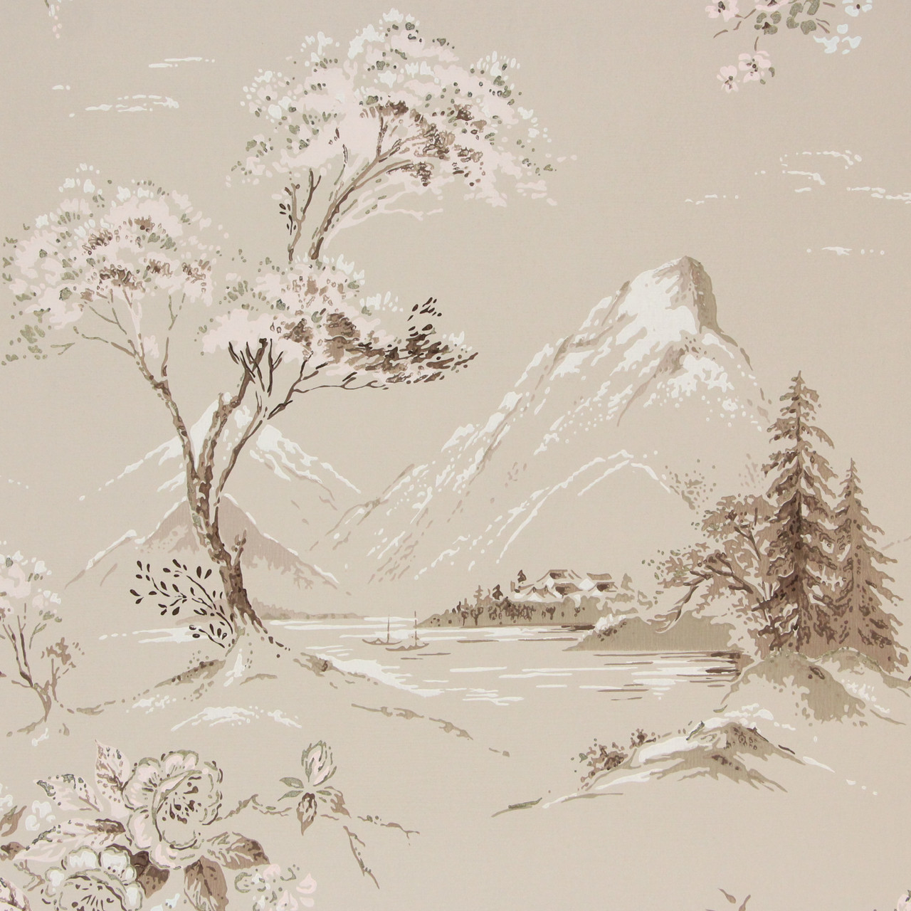 1950s Vintage Wallpaper Mountains on Beige