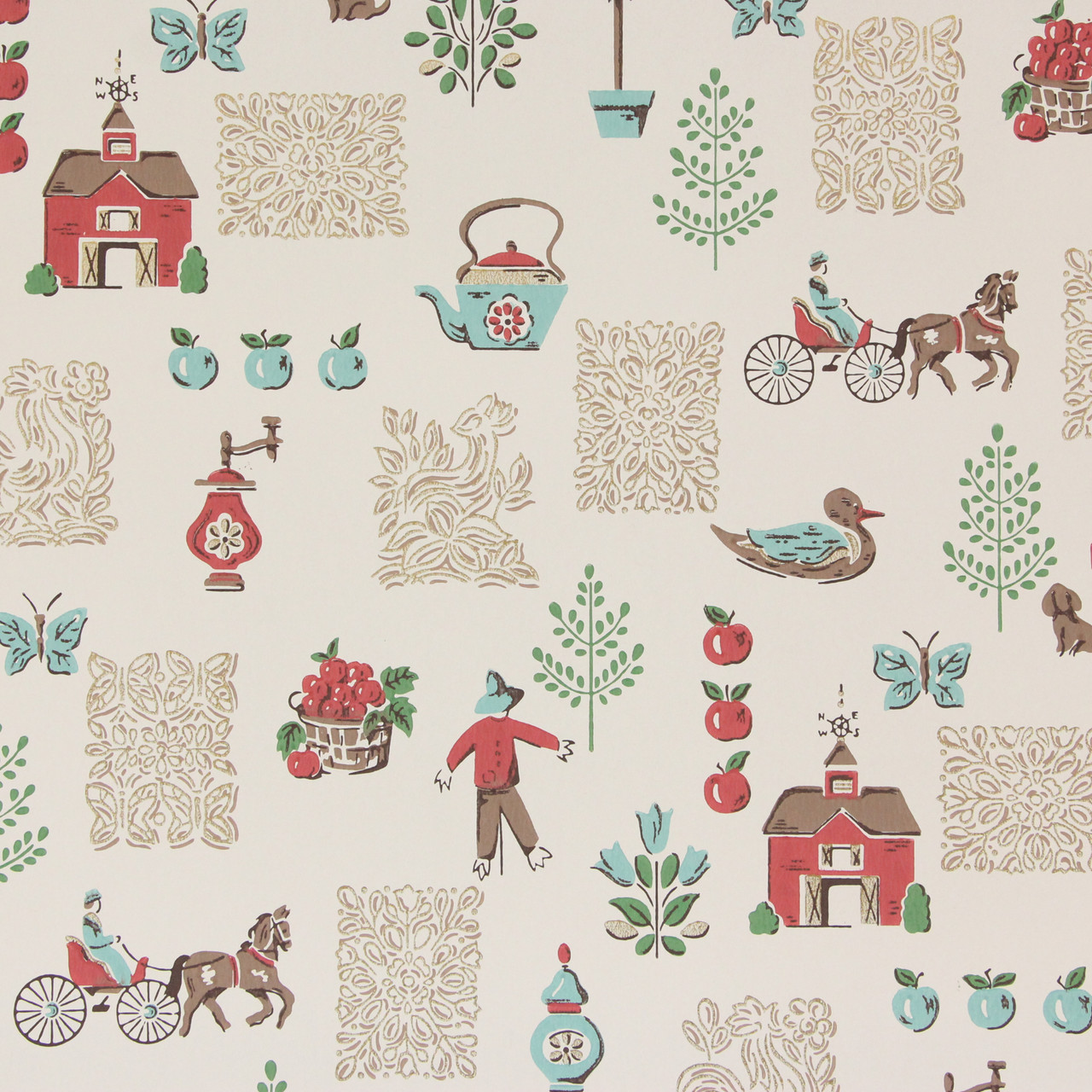 1940s Vintage Wallpaper Red Aqua Folk Art