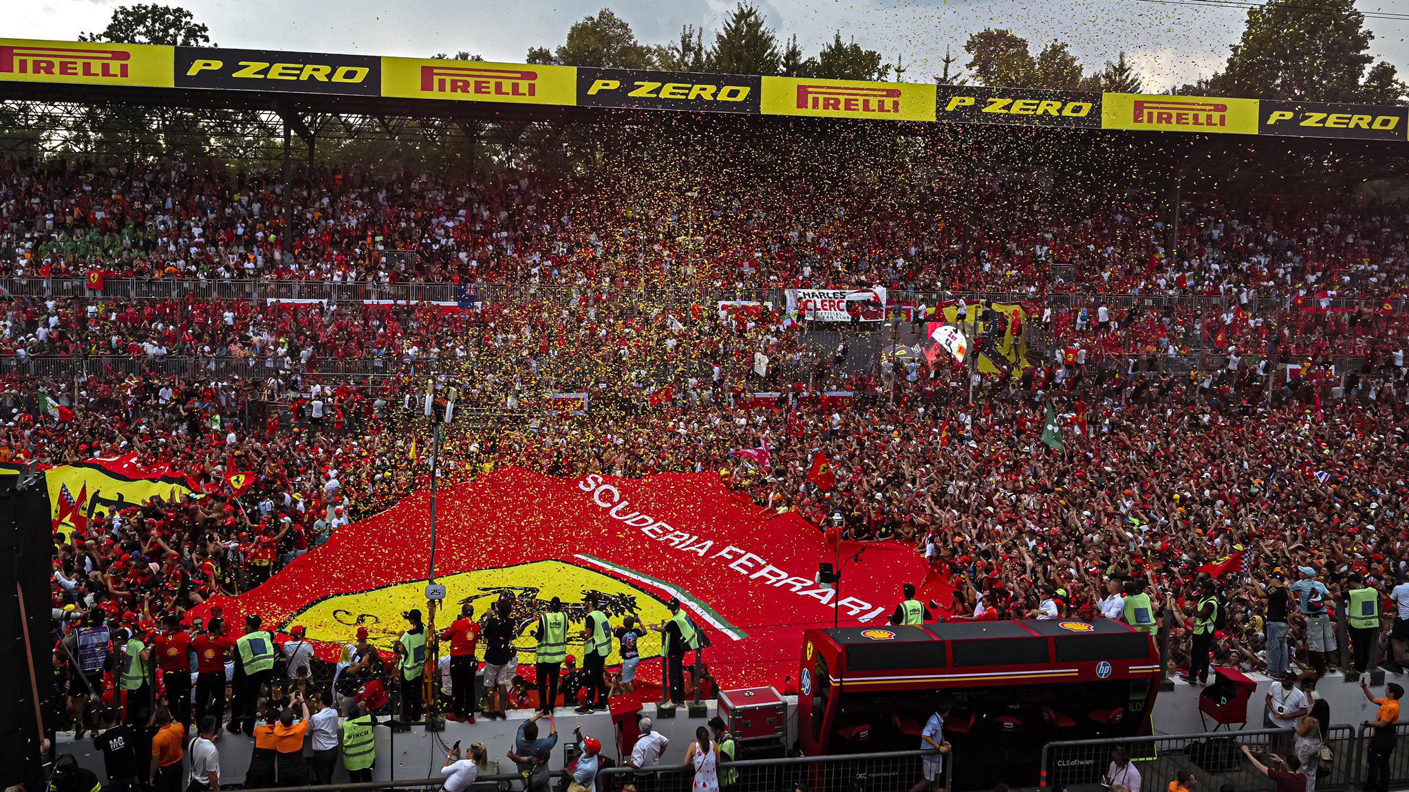 The Tifosi cheering Ferrari and Charles