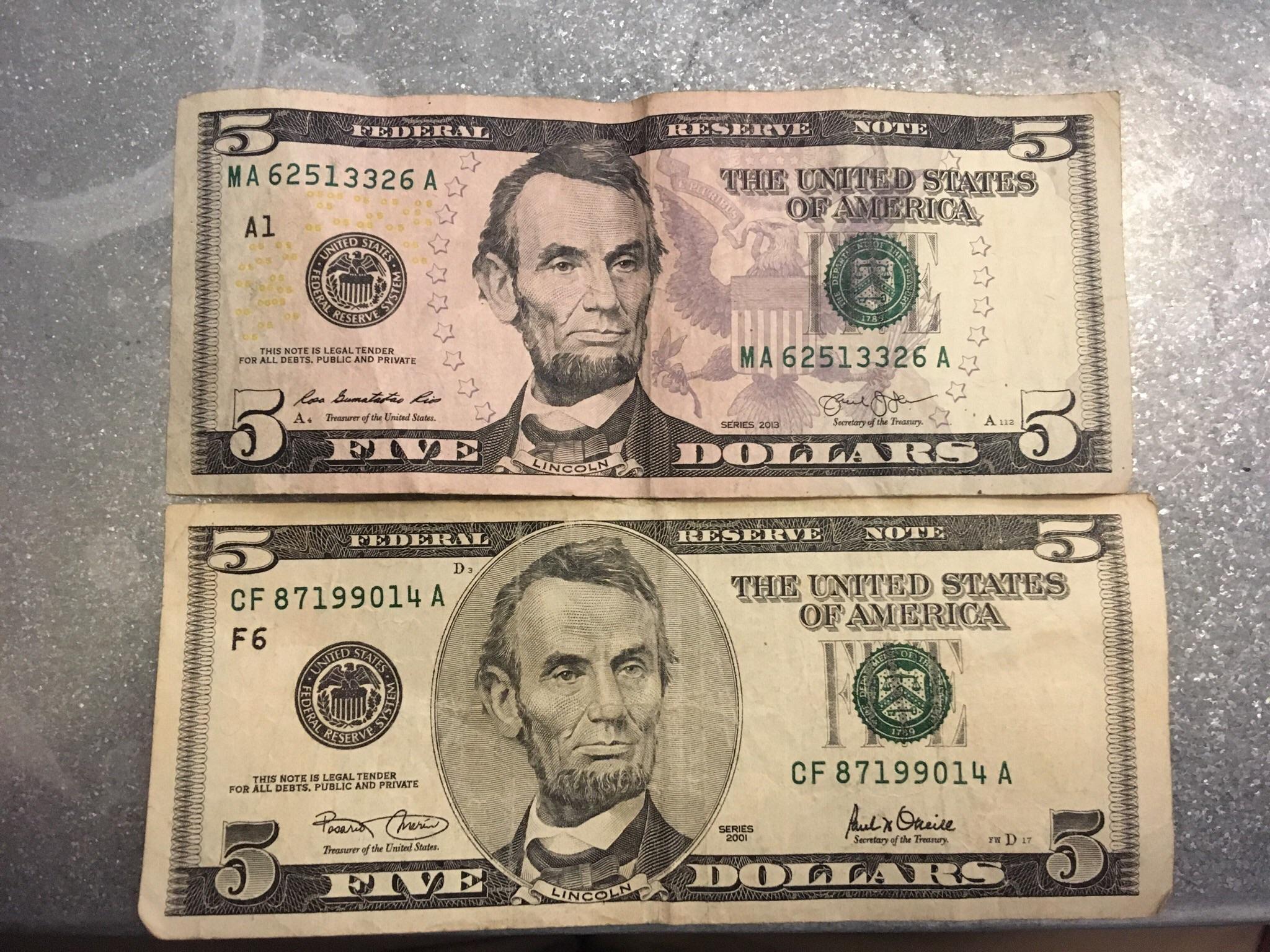 The difference in a 5 US Dollar bill