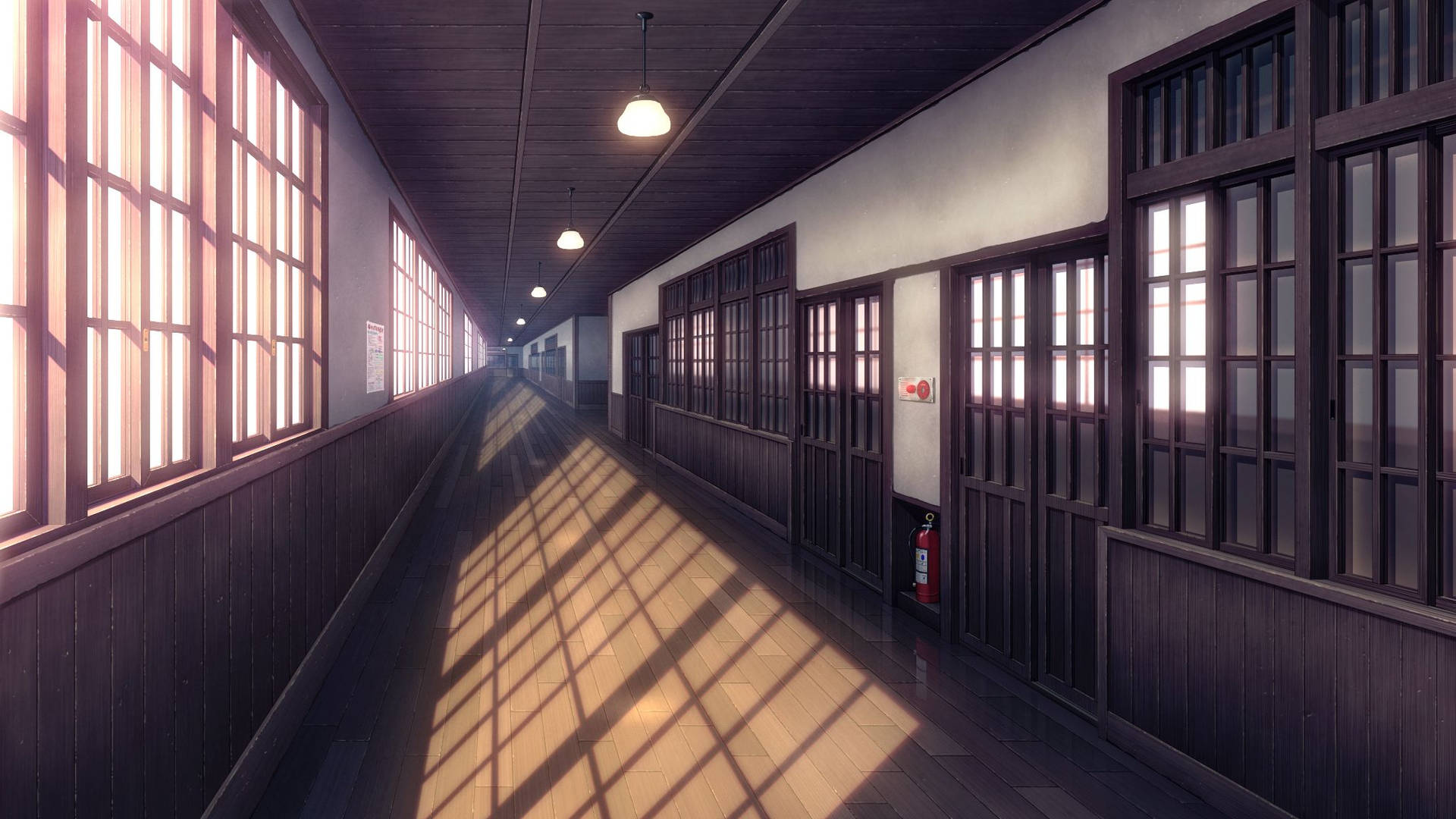 Anime School Scenery Wooden Hallway